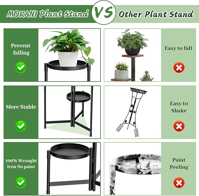 MOKANI Metal Plant Stand Indoor Outdoor for Multiple Plants, 3 Tiered Folding Corner Shelf Tall Flower Pot Holder Display Rack for Patio Living Room Balcony Garden, Black Mokani