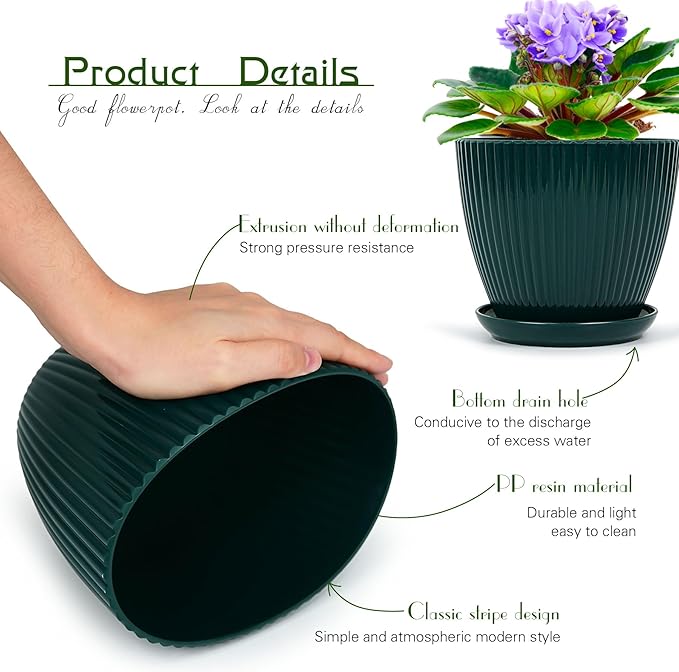 Plant Pots Indoor with Saucers & Drainage - 6 Pack Flower Pots - Plastic Planters for Indoor Planter - 7.5/6.6/5.8/5.0/4.3/3.5 inches Sizes for All Different Types of Plants-Dark Green Vodotion