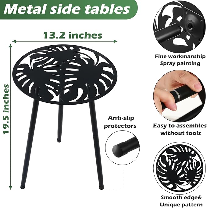 1 Pack Metal Outdoor Side Tables Small Outside Round End Table for Patio Modern Accent Garden Corner Table for Small Spaces, Balcony, Porch, Weather-Resistant, Plant Stand Indoor, Black PartyZealot