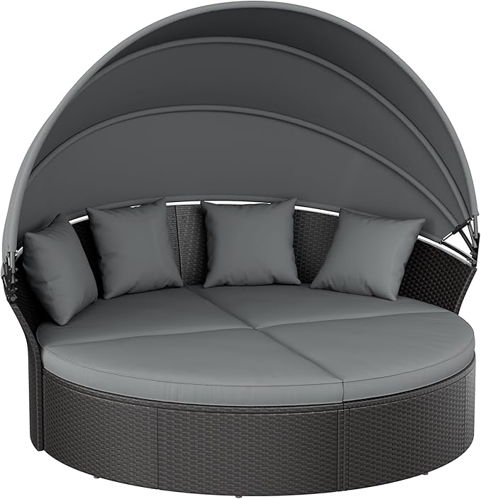 Crownland Outdoor Round Daybed with Retractable Canopy, Patio Daybed with Washable Cushions, Clamshell Sectional Seating, Black Wicker Furniture for Garden, Patio, Pool (Grey,Gray) Crownland