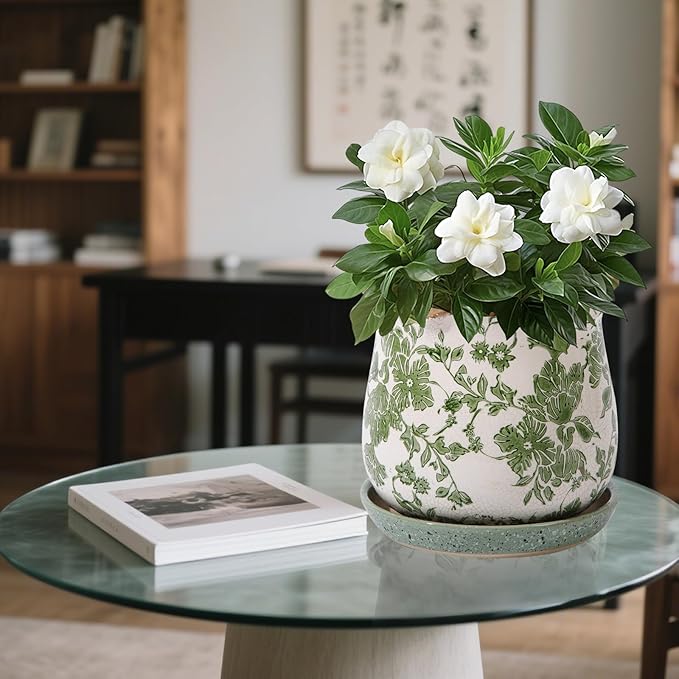 Ceramic-Planters-for-Indoor-Plants with Saucer, 6 inch Vintage Ice Crack Glaze Plant Pots with Drainage Holes, Decorative Flower Pots for Outdoor Garden Home Decor, Tuscan Pot for Plant Xoogifae