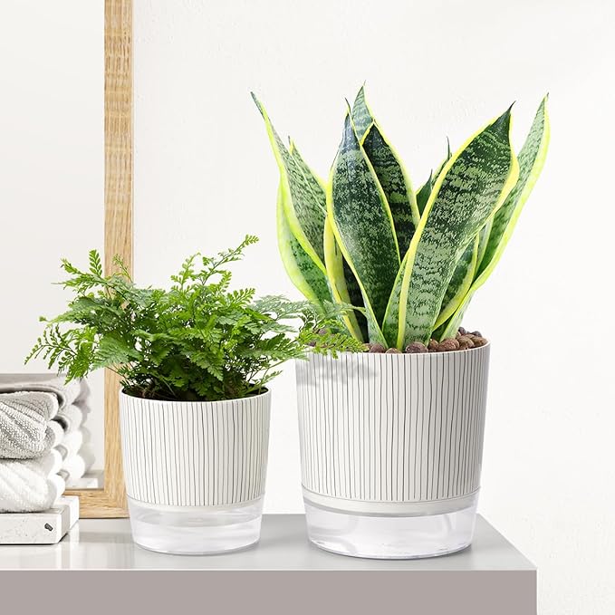 Self Watering Pots for Indoor Plants, Flower Pots, Self Watering Plant Pot-2pcs 4+5.3inch Black Stripes Etvski