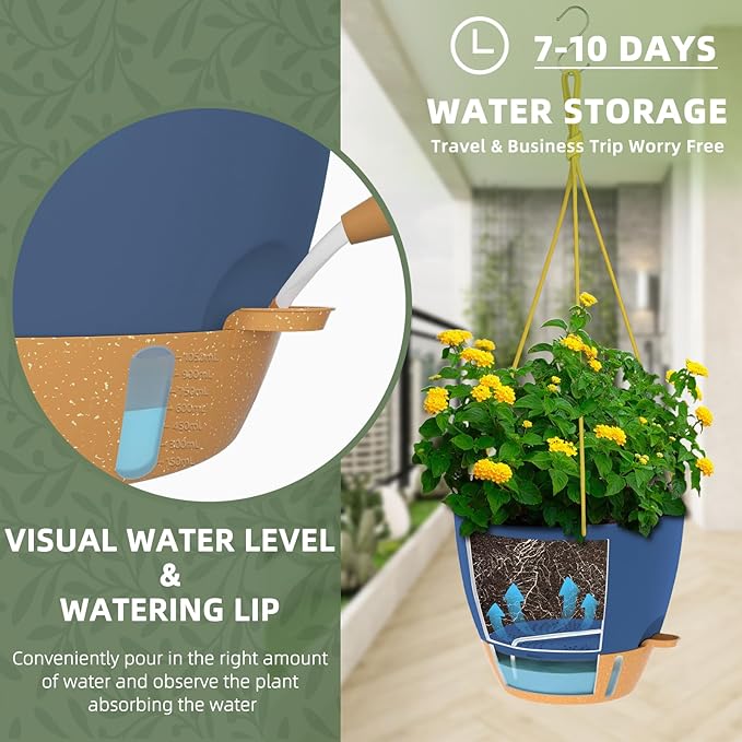 ZMTECH 10 Inch Hanging Planters for Indoor Plants & Outdoor - 2 Pack Self-Watering Hanging Pots with Drainage Holes, Visual Reservoir, Plastic Hanging Baskets Flower Pots with Removable Saucer, Blue HighQualityGardeningTools