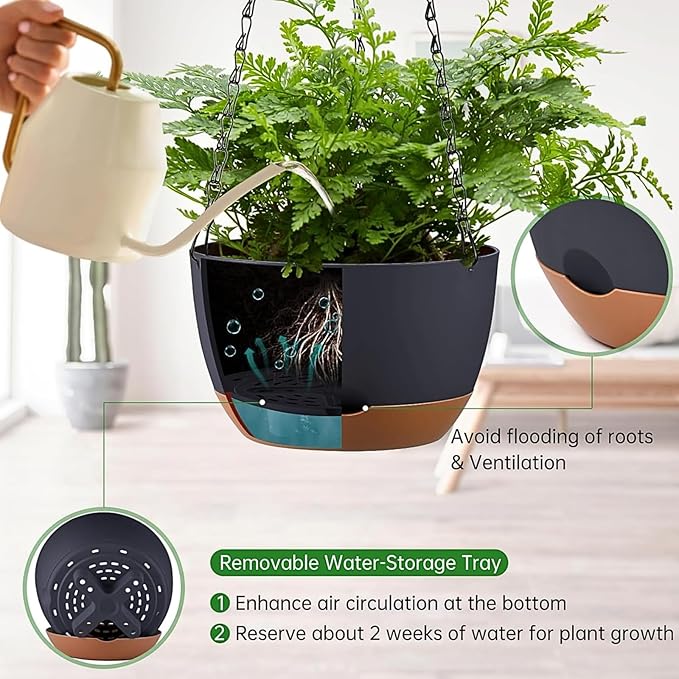 Hanging Planters for Indoor Plants, Set of 2 8/10 Inch Self-Watering Hanging Pots with Drainage Hole & Removable Water-Storage Tray II Screw-in Hooks Rootora