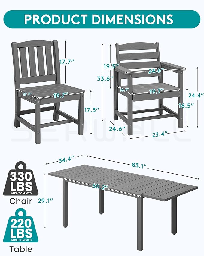 SERWALL 9-Piece Outdoor Dining Set, 60" - 83" Expandable Outdoor Dining Table and 8 HDPE Chairs, All Weather HDPE Outdoor Furniture Set for Backyard, Garden, Grey SERWALL