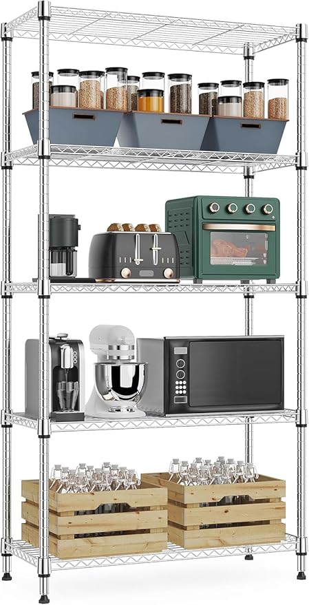 Xcity Storage Shelves, 5 Tier Heavy Duty Metal Shelving Unit, 2000 LBS Capacity Adjustable Steel Wire Shelf Organizer for Pantry, Kitchen, Garage, 14" D x 30" W x 60" H, Chrome Rootora