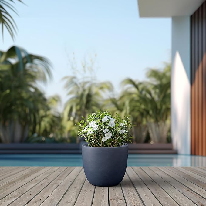 Kante 14 Inch Dia Round Concrete Planter, Indoor Outdoor Large Plant Pot with Drainage Hole and Rubber Plug for Home Patio Garden, Dark Gray Kante