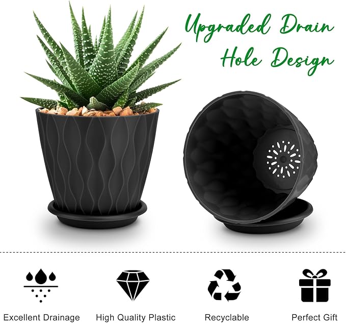 4 inch Plant Pots, 5 Pack Flower Pots Outdoor Indoor, Planters with Drainage Holes and Tray Saucers(Black) AFamilyofGardenLovers