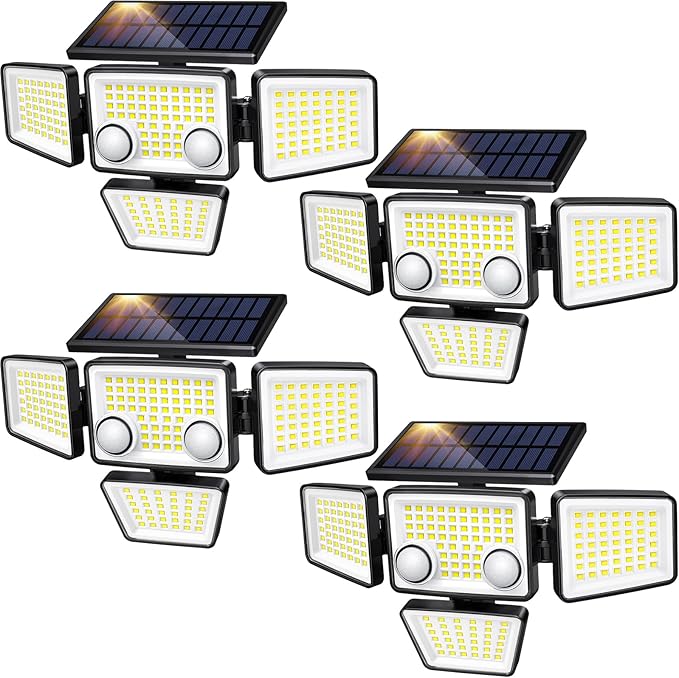 Solar Lights Outdoor - 3000LM 188 LED Motion Sensor Outdoor Lights, 4 Heads IP65 Waterproof Powered Security Flood Lights, 270°Wide Lighting Angle Wall Light with Sensors for Backyard (4 Pack) LYWALT