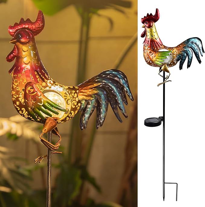 Tryme Rooster Solar Lights Outdoor Decorative Garden Statue Gifts for Chicken Lovers Women Mother Metal Yard Art for Lawn Tryme