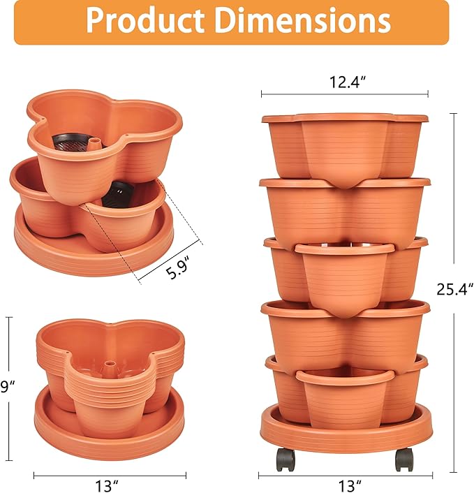 VECELO 5 Tier Vertical Garden Planter, Self Watering Stackable Planters with Wheels for Strawberries, Herbs, Flowers, Vegetables, Red VECELO