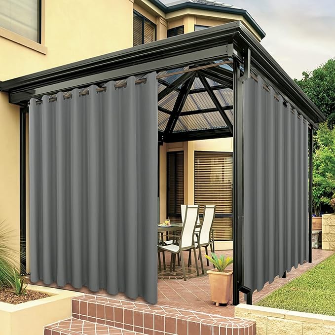 BONZER Outdoor Waterproof Curtains for Patio Wide Grommet Light Filtering Outside Curtains for Gazebo, Porch, Pergola, Pavilion, 1 Panel, 110W x 95L inch, Grey Bonzer