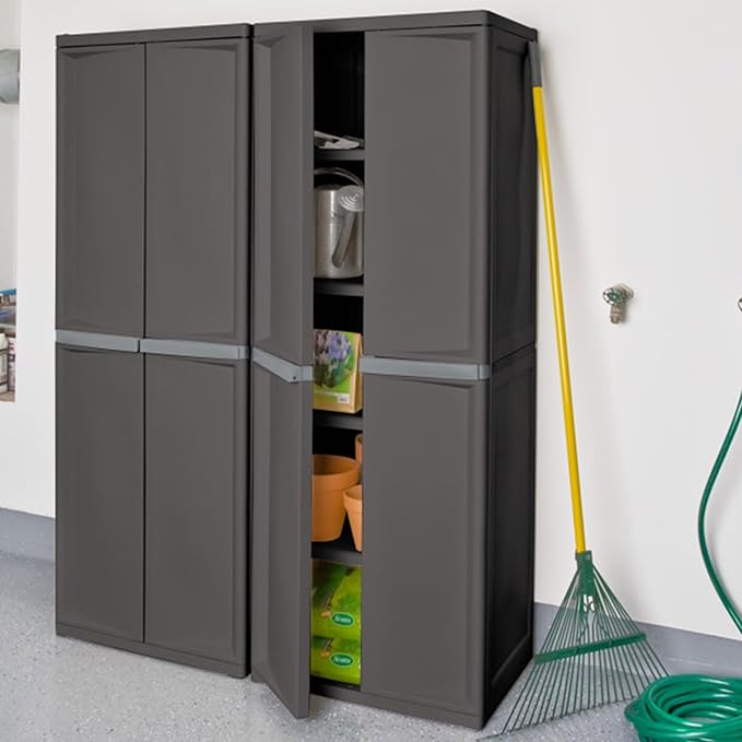 Sterilite 4 Shelf Cabinet, Lockable Utility Storage w/ Adjustable Shelves, Gray - Plastic Shelving Unit for Organizing Garage, Pantry, Basement, Laundry Room or Mudroom Sterilite