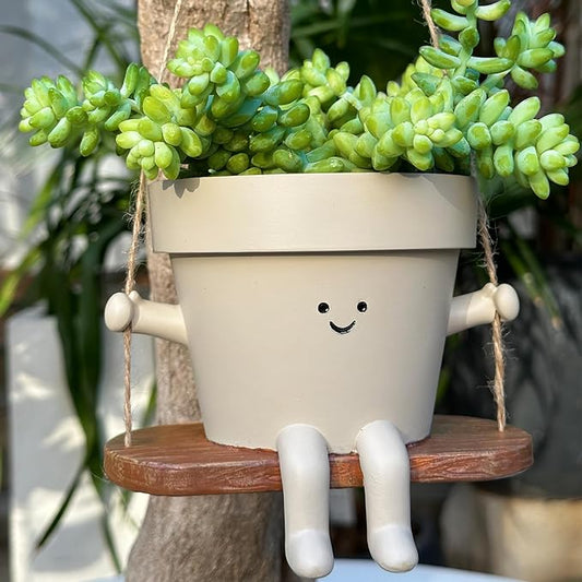 Hanging Planter Swing Face Plant Pot - Cute Resin Head Planters with Drainage Hole Indoor Outdoor Plant Holder, Succulent/String of Pearls Flower Pots, Unique Sitting Sway Pots, Gift Ideas for Mother Scuyari