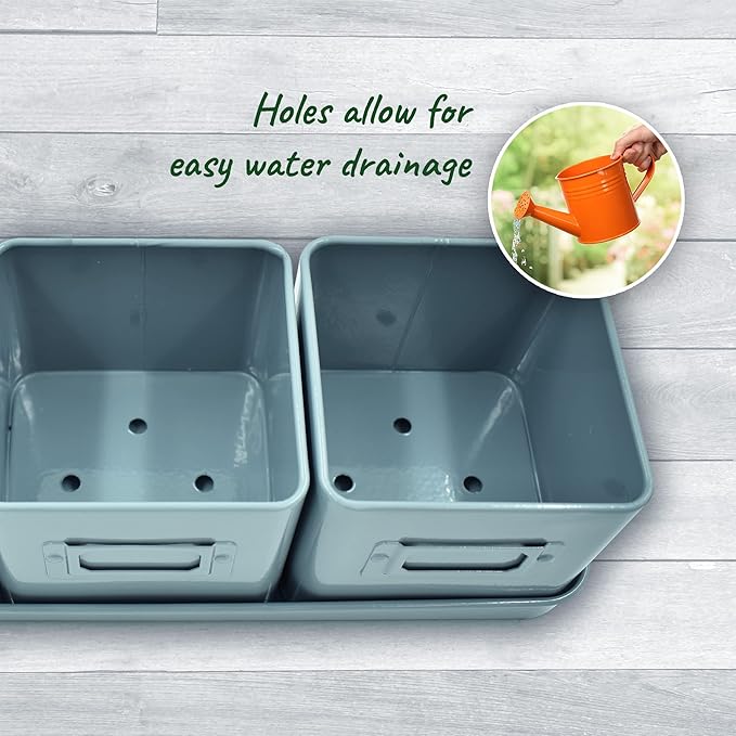volila Herb Planter Indoor - Set of 3 Teal Blue Indoor Herb Garden Pots for Plants with Leather Handled Tray - Window Sill Plant Shelf - Herb Pots with Drainage Holes and Labels volila