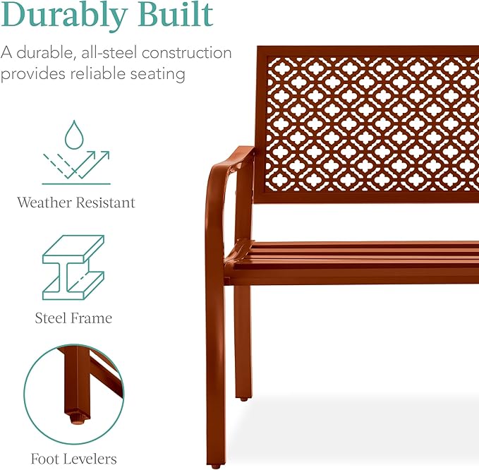 Best Choice Products Outdoor Bench 2-Person Metal Steel Benches Furniture for Garden, Patio, Porch, Entryway w/Geometric Backrest, 790lb Capacity - Rust BestChoiceProducts