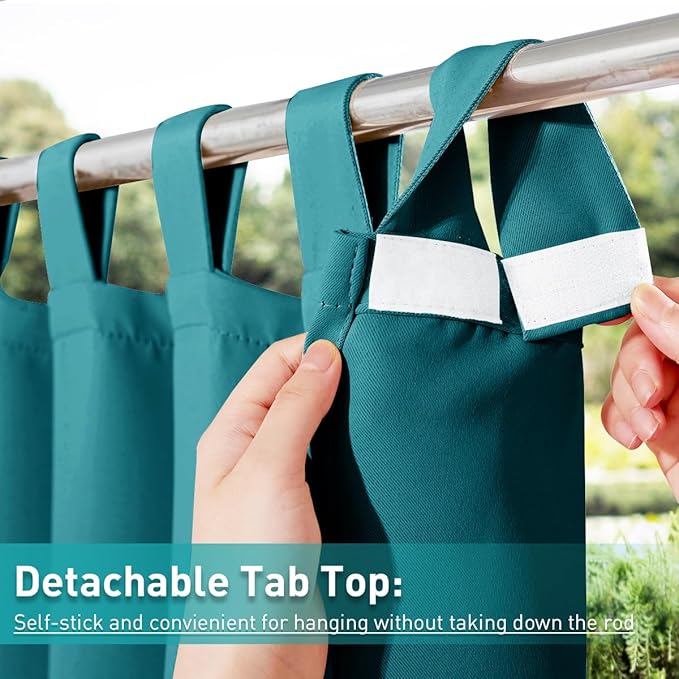 NICETOWN 2 Panels Peacock Teal Patio Curtainss Outdoor Waterproof with Self-Adhesive Tab Top, Thermal Insulated Heat & Cold Blocking Outdoor Curtainss for Easy Hanging & Sliding, W52 x L95 NICETOWN