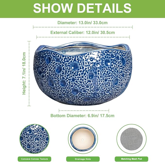 Bonsai Tree Pot - 13 Inch Large Ceramic Pots for Plants Indoor Outdoor, Round Planter, Decorative Flower Pot with Drainage Hole, Modern Unique Planter, Garden Decor Home, Garden Gifts, Blue Thirtypot