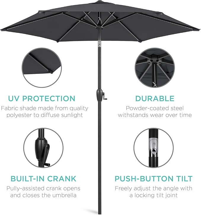 Best Choice Products 7.5ft Heavy-Duty Round Outdoor Market Table Patio Umbrella w/Steel Pole, Push Button Tilt, Easy Crank Lift - Black BestChoiceProducts