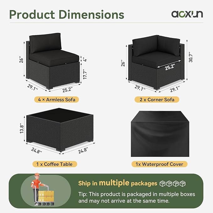 Aoxun 7 Piece Patio Furniture Set, Wicker Rattan Patio Sectional Sofa, Outdoor Furniture Set with Thickened Cushion, Black Aoxun