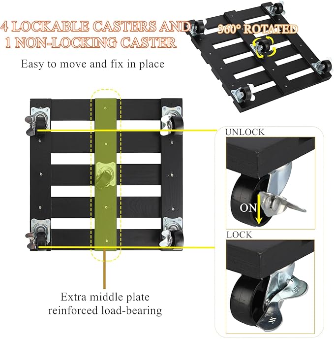 2 Pack Plant Stand with Wheels, 12" Rolling Plant Stand 264 LBS Heavy Duty Wooden Square Plant Caddy with Metal 360° Lockable Caster Wheels for Outdoor Indoor Large Plant Pots, Flower Pot, Patio-Black PRAQECZ