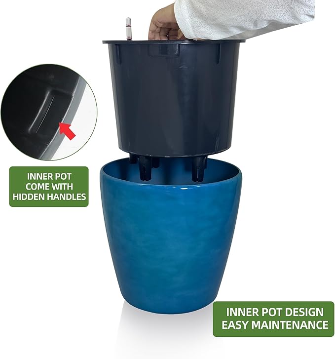 Dexceder 15x14 Self Watering Planter with Wheels Indoor Outdoor, Inner Pot Design, Thickened Large Floor Standing Flower Plant Pot with Water Level Indicator (Peacock Blue Gradient) Dexceder