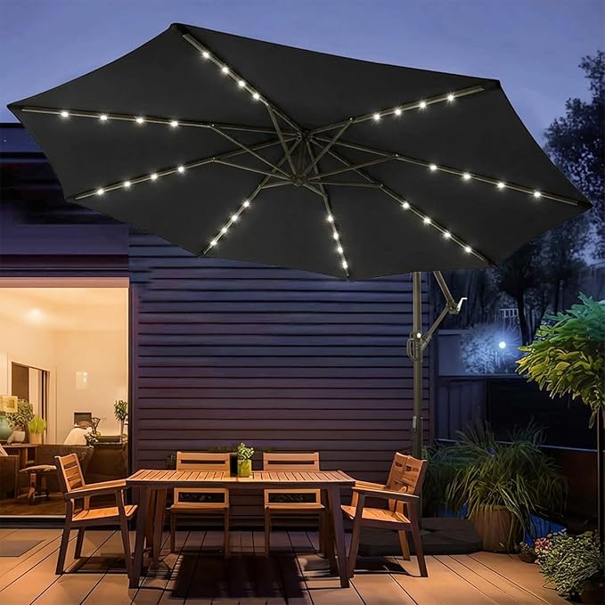 wikiwiki 10ft Solar LED Patio Umbrella with Base Included, Offset Umbrella with Weighted Sandbag Base, Cantilever Patio Umbrellas for Backyard, Garden & Deck, 32 LED Lights & Polyester Shade, Black WikiwikiPatioUmbrellas