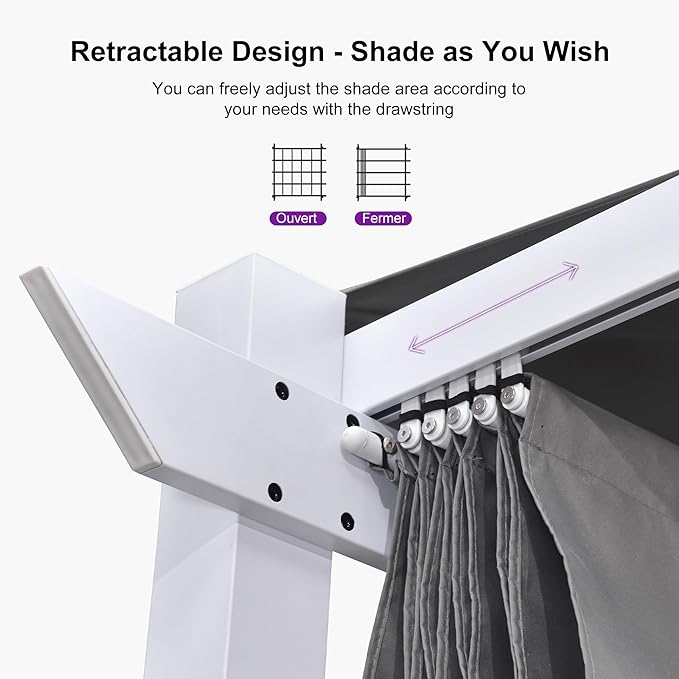 PURPLE LEAF Outdoor Retractable Pergola with Curtains 10' x 13' White Patio Aluminum Pergola with Sun Shade Canopy for Backyard Deck Garden Modern Metal Pergola, Gray Rootora