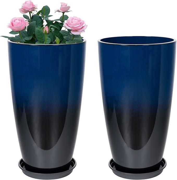 Set of 2 Lightweight Ceramic-Look Tall Planter, 21 inch Large Plastic Planter with Drain Hole & Saucers, Large Outdoor Planters for Porch, Garden, Patio, Balcony(Dark Blue) Neoaider