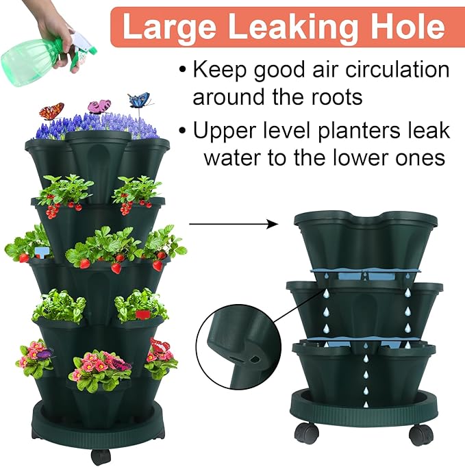 GameXcel Vertical Planter, 5 Tier Stackable Strawberry Planter with Garden Tool Set, Movable Indoor/Outdoor Garden Herb Pot for Growing Vegetables and Succulents, Green GameXcel