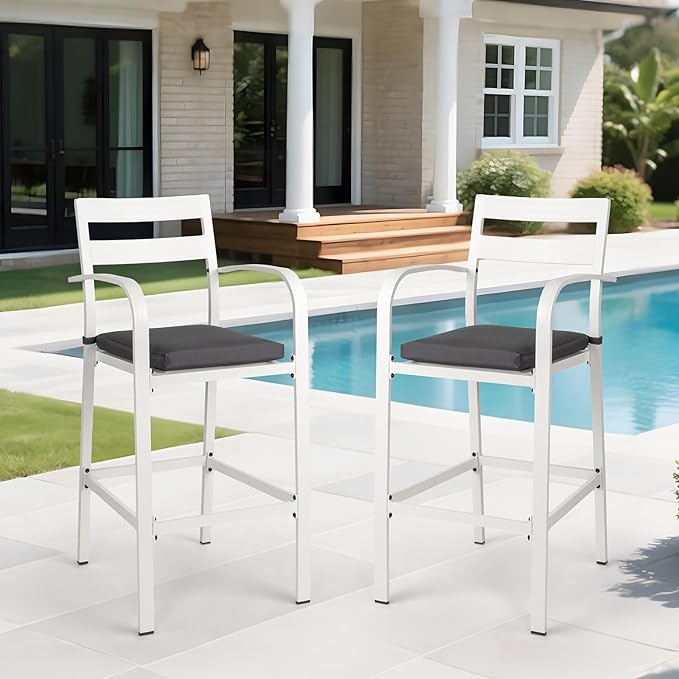 VINGLI Outdoor Bar Stools Set of 2, All-Weather Bar Height Aluminum Stools with 1.6" Thick Cushion, Rust-Proof Patio Chairs for Backyard, Poolside, Balcony & Kitchen Island (White) VINGLI