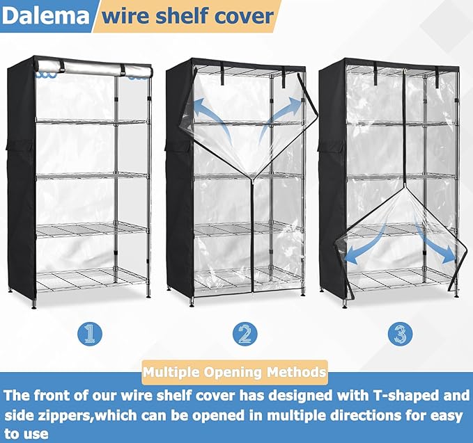 Waterproof Shelf Cover,Outdoor 600D Heavy Duty Dustproof Storage Shelves Cover,30''x14''x62'' Shelf Covers for Wire Shelving with Zippers,Storage Rack Covers with Clear Front Dalema