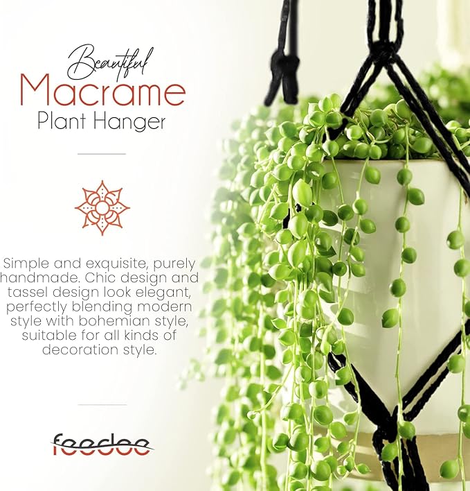 Feedee Macrame Plant Hangers - 6 Pack, Black, Indoor/Outdoor, Cotton Feedee