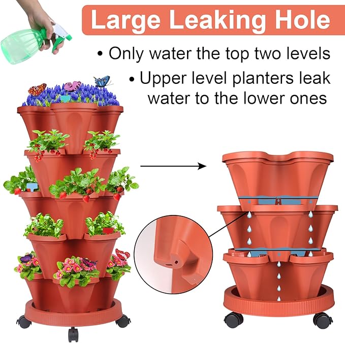 GameXcel Vertical Planter, 5 Tier Stackable Strawberry Planter with Garden Tool Set, Movable Indoor/Outdoor Garden Herb Pot for Growing Vegetables and Succulents, Red GameXcel
