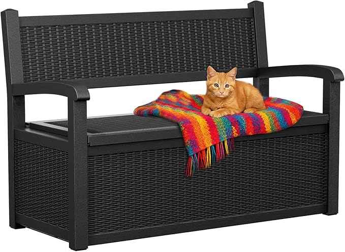EasyUp 80 Gallon Outdoor Storage Bench Lockable Deck Box Outdoor Storage Box Waterproof for Patio,Garden,and Porch – Perfect for Storing Garden Tools and Cushions(Black)