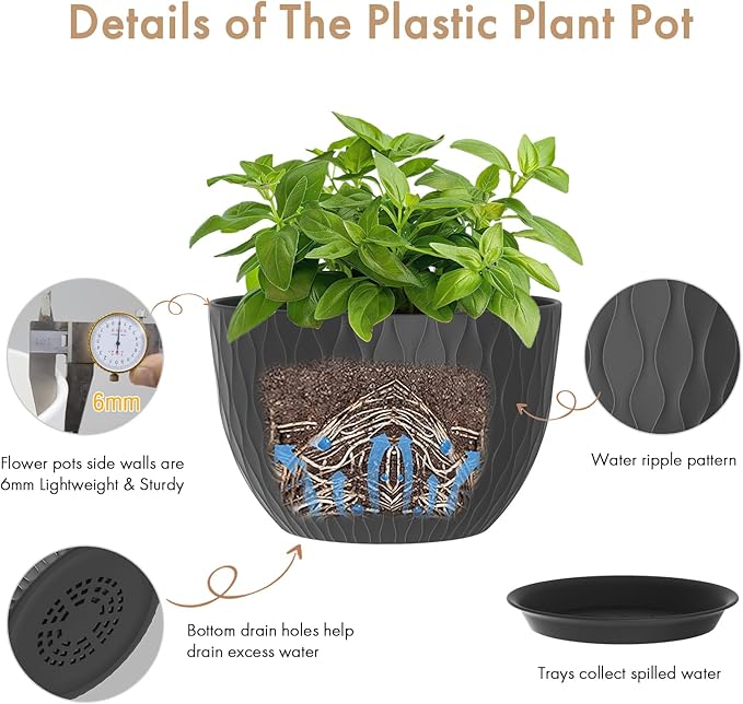 12 Inch Large Plant Pots for Indoor or Outdoor Plants, Wide Water Ripples Flower Pots with Drainage Holes & Saucer, Plastic Planters Set for Garden & Home Decor (Black) WSMKSZ