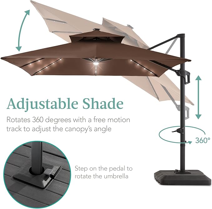 Best Choice Products 10x10ft Cantilever Patio Umbrella w/Base Included, Solar LED Lights 360 Rotation Large Offset Hanging Outdoor Shade for Deck Pool Backyard w/Stand – Brown BestChoiceProducts