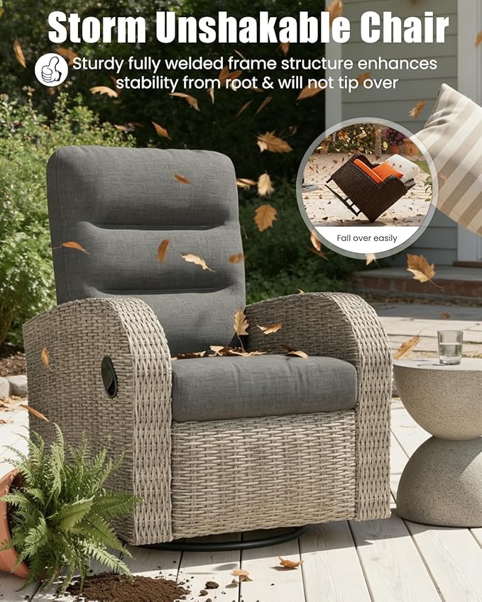 Outdoor Swivel Recliner Chair Set of 2, All-Weather Wicker Reclining Patio Chair with Adjustable Backrest and Footrest Vakollia