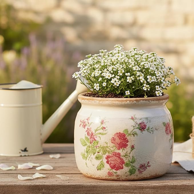 Decorative Pots Spring Decor, Pastel Floral Ceramic Garden Pots with Drainage, 6.29 Inch Pink Vintage Grandma Flower Pots for Indoor Plants & Succulent, Crackle Glaze Pottery Planters, Mom Gifts XiaanJiaju