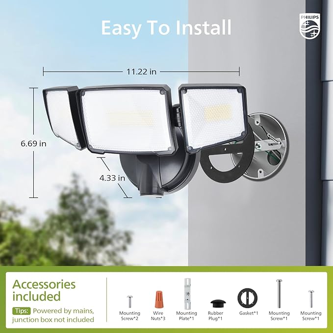 Philips 72W 7400LM LED Flood Lights Outdoor, Switch Controlled Aluminum Security Lights, 3 Adjustable Heads, Wall Mount, 5000K Daylight, Waterproof for Yard, Garage (2 Packs) PhilipsLightingLED