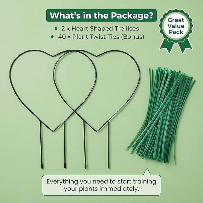 2 Pcs Heart Shaped Plant Trellis Indoor with 100 Plant Twist Tie Pothos Plants Climber Support Heart-Shaped Trellis Iron Heart Trelli Black Durable Houseplant Hearts Trelli for Potted Vines and Flower Rootora