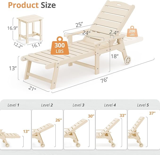 LUE BONA Chaise Lounge Chairs Set with Table, 3-Piece, 79'' Oversized HDPS Material, 5 Positions Adjustable Patio Lounge Chairs, Pool Lounge Chair with Wheels for Poolside, 3-Year Warranty, Sand LUEBONA