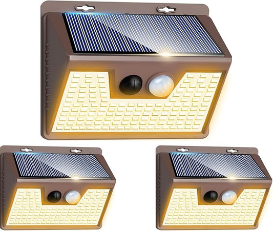 Peasur Solar Lights Outdoor Motion Sensor Waterproof, 3Pack 140LED Brown Solar Powered Fence Light, 3 Modes Security Wall Lights for Garden Yard Outside(Warm White) Peasur