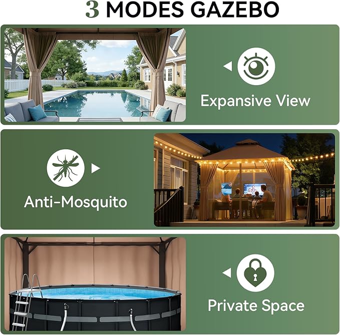 AOXUN Outdoor Gazebo for Patio 8x8 Metal Frame Canopy with Double Roofs Heavy Duty Party Tent and Shelter with Mosquito Netting and Privacy Screen for Backyard, Lawn, Garden, Deck (Khaki) Aoxun