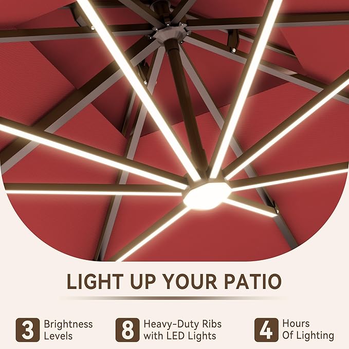 10 X 13 FT Cantilever Outdoor Patio Umbrella with Base Included with Led Lights Large 360° Rotation Double Top Offset Heavy Duty Rectangular Umbrellas for Backyard Outside Deck, Wine Red MEVBC