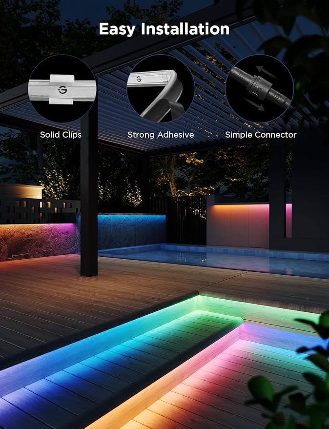 Govee Outdoor LED Strip Lights RGBIC with Warm and Cold White, 65.6ft 2.4G WiFi Smart Outdoor Lights, IP65 Waterproof, Work with Alexa and Google Assistant, App Control, for Porch, Patio, Eave, Party Govee
