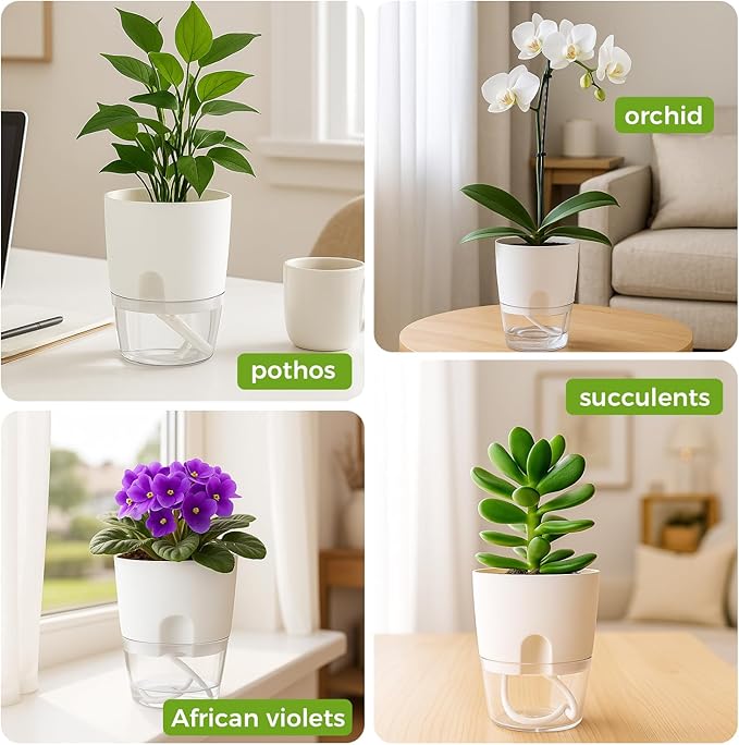 8 Pack Self Watering Pots for Indoor Plants, PlanterHoma 3.2 Inch Plant Pot Plastic Self Watering Planter for Orchid, African Violet, Mini Clear Flower Pots with Drainage Holes and Wicking Rope, White Planterhoma