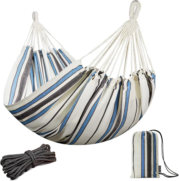 JoyView Brazilian Double Hammock with Hanging Ropes Extra Large 86.6x59” Portable Cotton Hammock for Patio Backyard Porch 450LBS Weight Capacity Perfect for Outdoor/Indoor - Blue & White Stripes JoyView