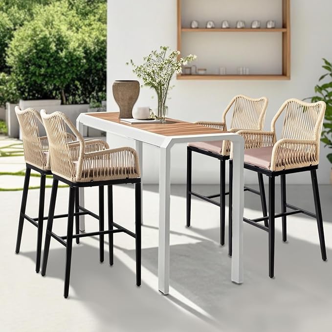 VINGLI Outdoor Bar Stools Set of 2, Heavy-Duty Outdoor Barstools Boho Woven Patio Bar Stools with Backrest, Patio Garden Balcony Pool Bar Chairs with Cushions (Apricot) VINGLI