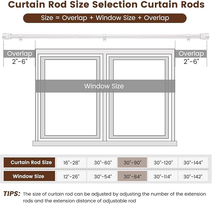 1” Diameter Curtain Rods Itself is 30 to 90 inch 2 Pack Fit 30-84 inch Window with Heavy Duty Adjustable Rod Matte White Splicing Metal Extra Long Curtain Rod for Windows Rootora